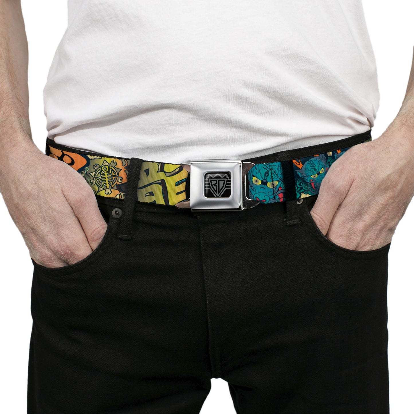BD Wings Logo CLOSE-UP Full Color Black Silver Seatbelt Belt - Honor Tan Webbing