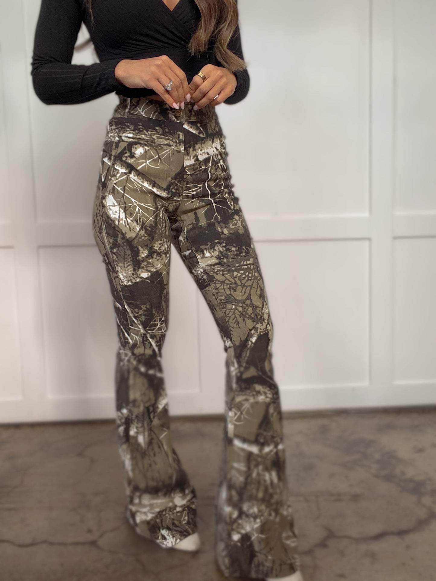 Fiona High Waisted Bell Bottom Flare Jeans - Moss Brown Camo