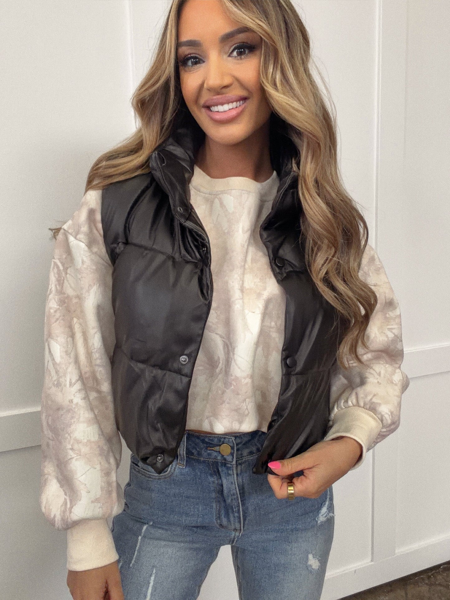 Cropped Black PU Faux Leather Puffer Vest