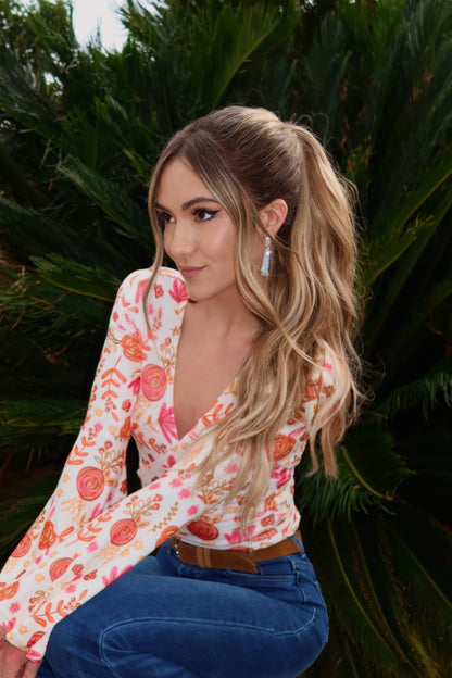Woodstock Floral Bell Sleeve Wrap Top - Sunset Petals