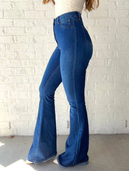Fiona High Waisted Bell Bottom Flare Jeans - Medium Wash Denim