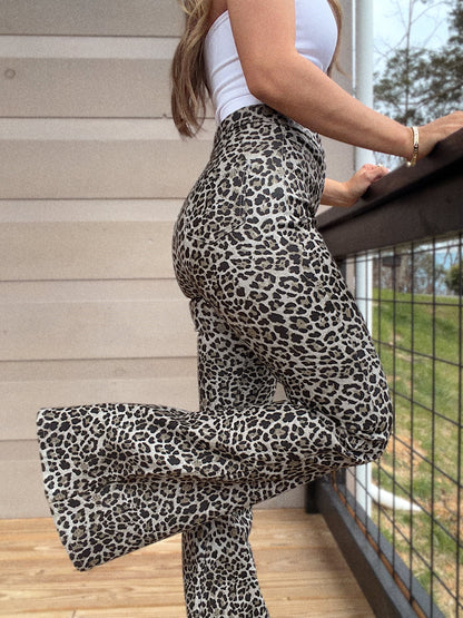 Fiona Leather Leopard High Waisted Bell Bottom Flare Jeans - Grey Moonstone Leopard