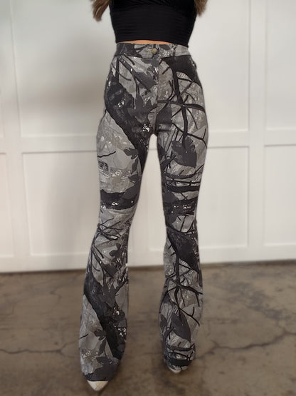 Fiona High Waisted Bell Bottom Flare Jeans - Storm Grey Camo