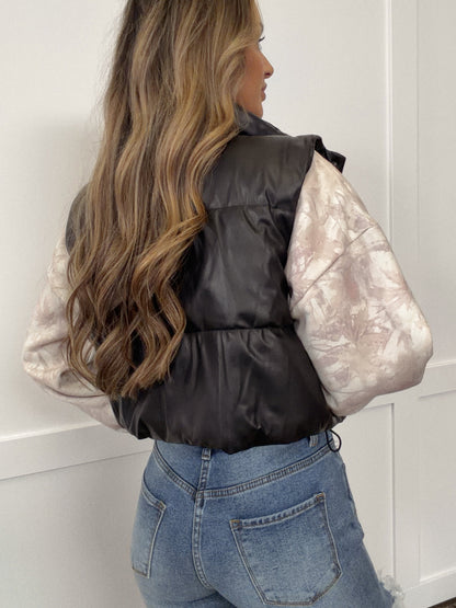 Cropped Black PU Faux Leather Puffer Vest