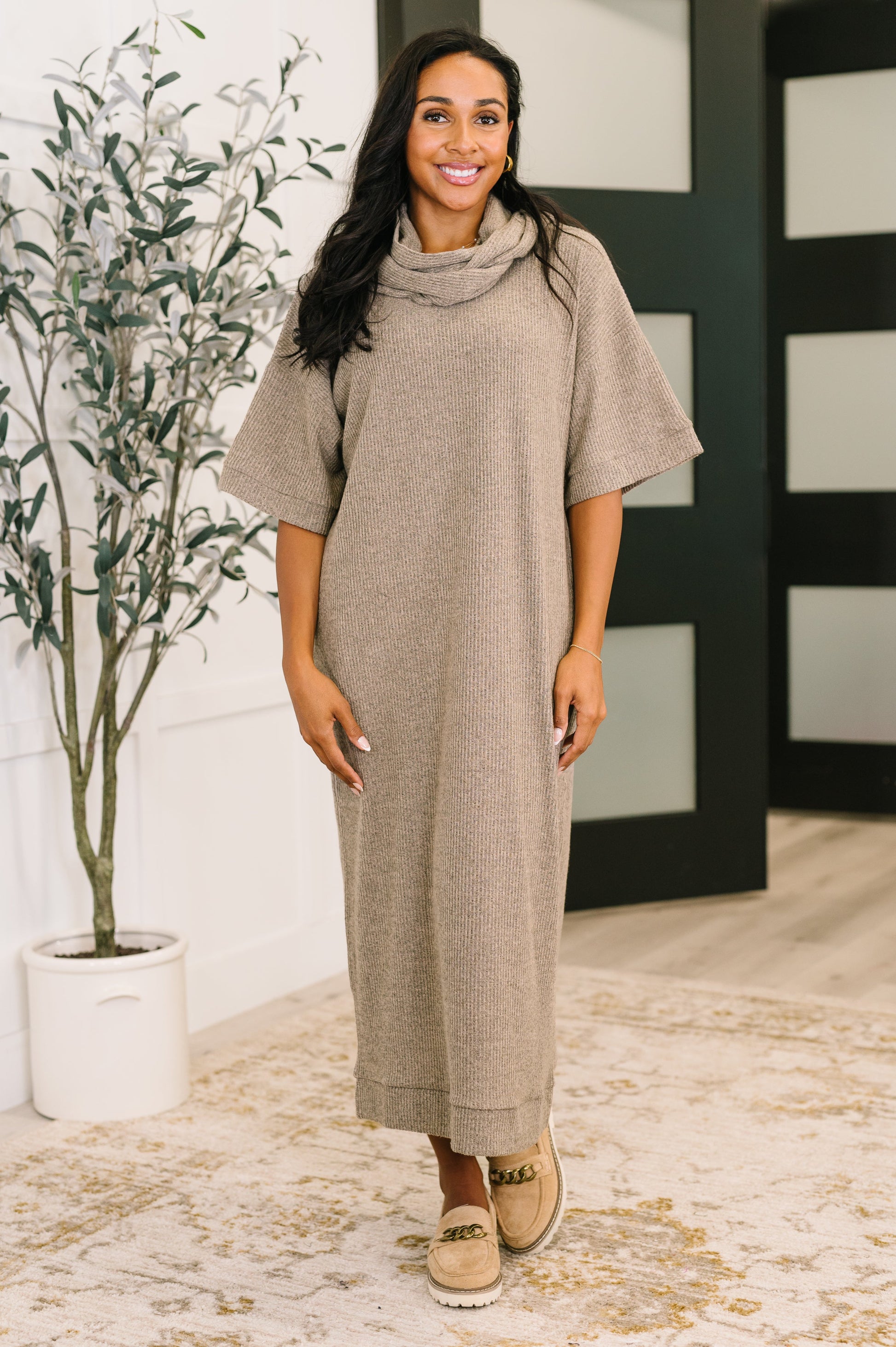 ruched knitted dress By Anthropologie Ruched Mock-Neck Knit Dress main image 0