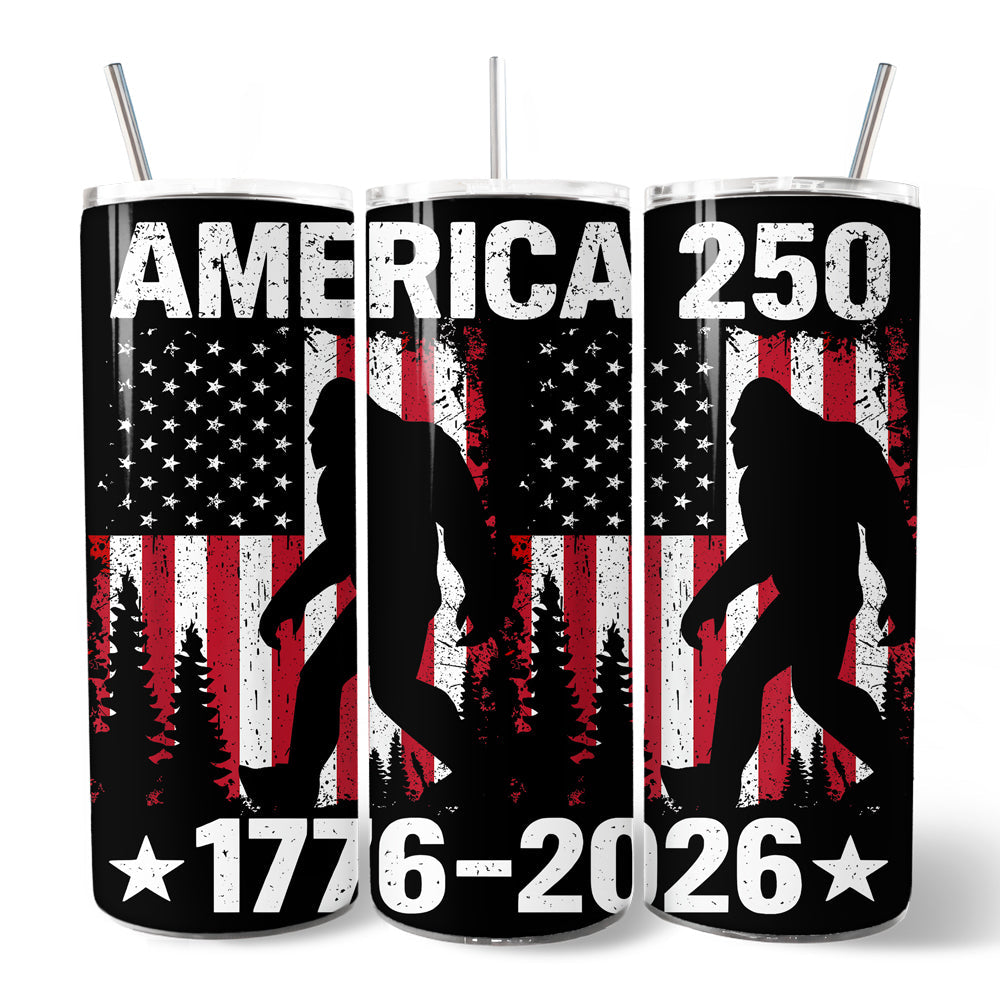 Bigfoot American Flag 20oz Personalized Tumbler With Lid and Stainless Steel Straw, Patriotic Sasquatch Gift Cup