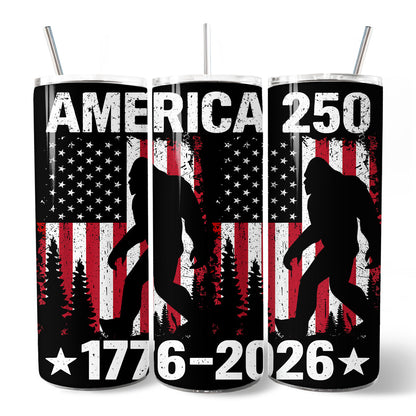 Bigfoot American Flag 20oz Personalized Tumbler With Lid and Stainless Steel Straw, Patriotic Sasquatch Gift Cup