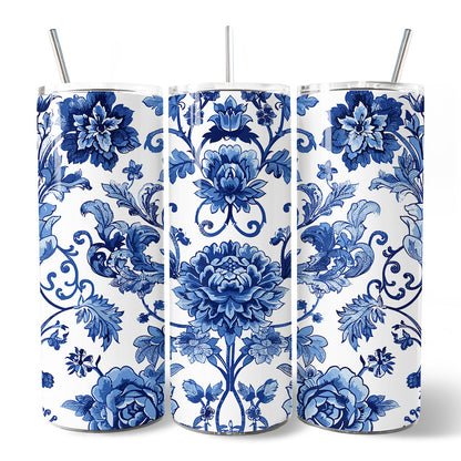 Blue and White Floral Pattern 20oz Personalized Tumbler With Lid and Stainless Steel Straw, Vintage Chinoiserie Porcelain Gift Cup