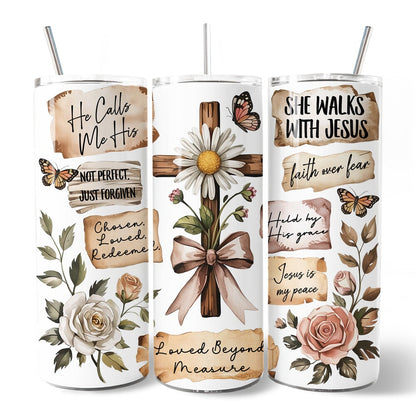 Boho Christian Cross 20oz Personalized Tumbler With Lid and Stainless Steel Straw, Vintage Floral Quotes Gift Cup