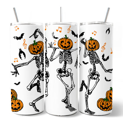 Dancing Skeletons with Pumpkin Head 20oz Personalized Tumbler With Lid and Stainless Steel Straw, Funny Dry Bones Come Alive Halloween Gift Cup