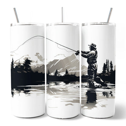 Fly Fishing Mountain Lake Scene 20oz Personalized Tumbler With Lid and Stainless Steel Straw, Angler Outdoor Adventure Gift Cup