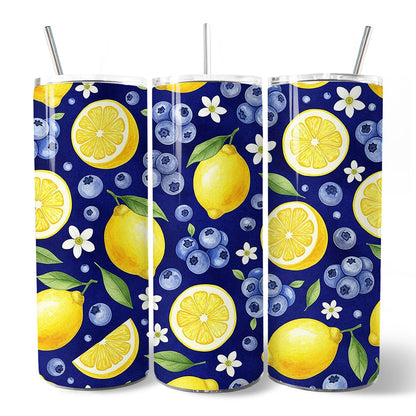 Fresh Lemon and Blueberry Pattern 20oz Personalized Tumbler With Lid and Stainless Steel Straw, Summer Citrus Fruit Gift Cup