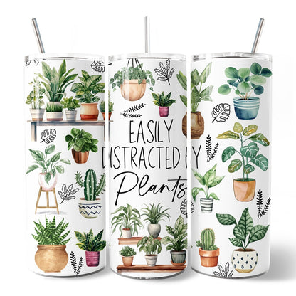 Funny Botanical Life 20oz Personalized Tumbler With Lid and Stainless Steel Straw, Easily Distracted By Plants Gift Cup