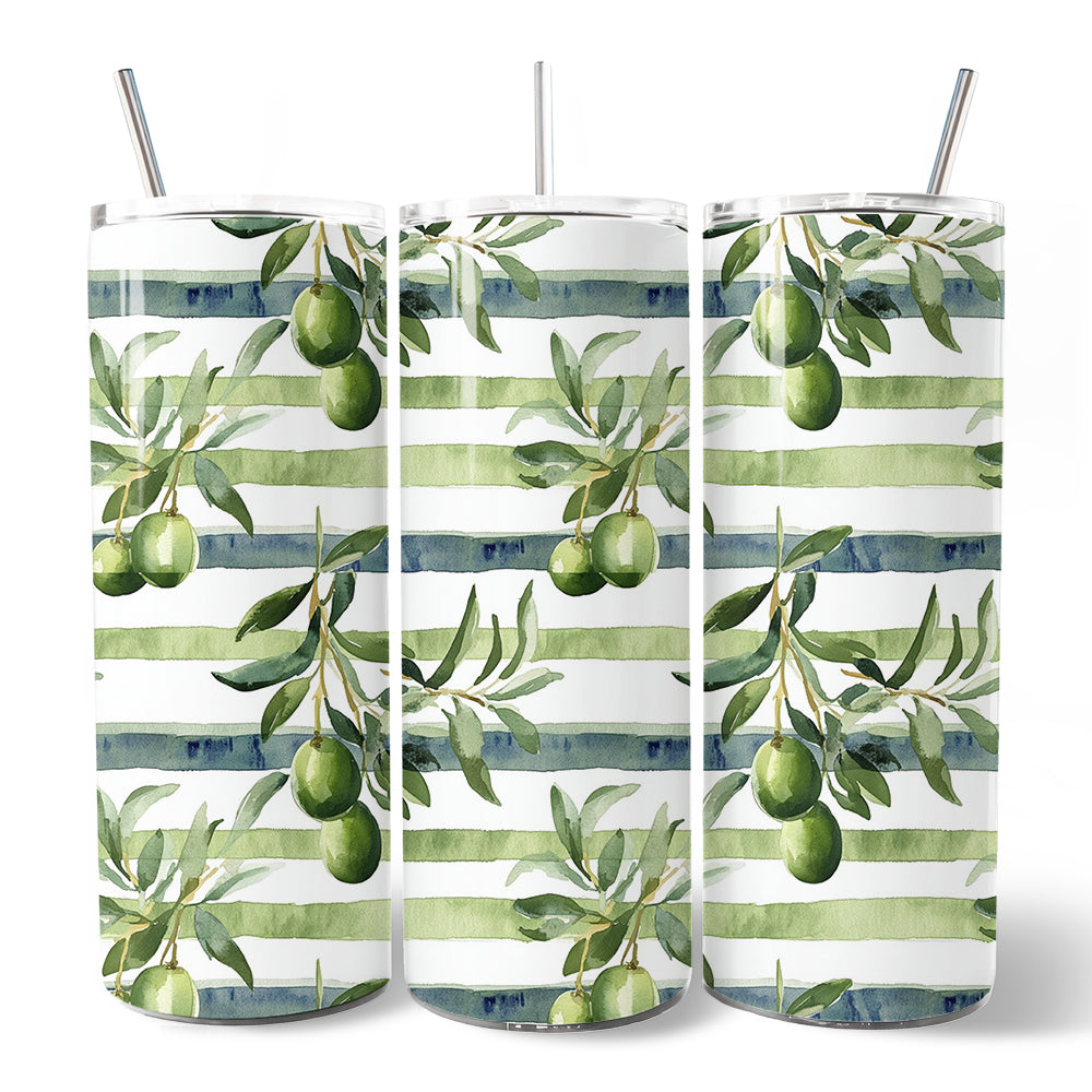 Green Olive Branch Print 20oz Personalized Tumbler With Lid and Stainless Steel Straw, Fresh Botanical Gift Cup