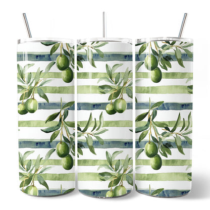 Green Olive Branch Print 20oz Personalized Tumbler With Lid and Stainless Steel Straw, Fresh Botanical Gift Cup