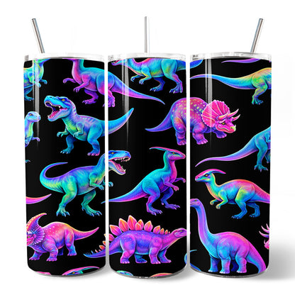 Neon Dinosaur Pattern 20oz Personalized Tumbler With Lid and Stainless Steel Straw, Colorful Prehistoric Gift Cup
