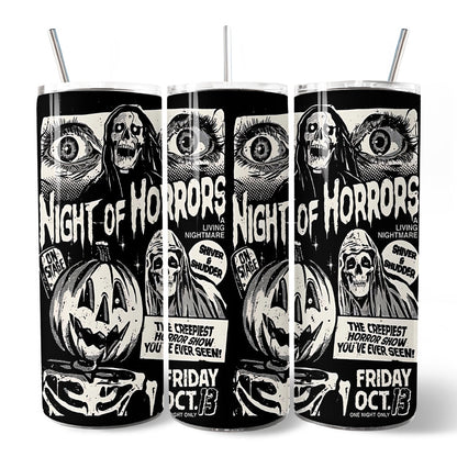 Night of Horrors Retro Halloween 20oz Personalized Tumbler With Lid and Stainless Steel Straw, Vintage Spooky Poster Gift Cup