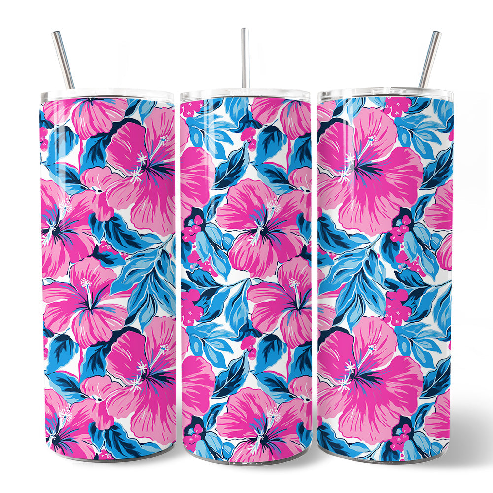 Pink and Blue Hibiscus Flowers 20oz Personalized Tumbler With Lid and Stainless Steel Straw, Vibrant Summer Floral Gift Cup