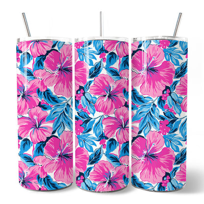 Pink and Blue Hibiscus Flowers 20oz Personalized Tumbler With Lid and Stainless Steel Straw, Vibrant Summer Floral Gift Cup
