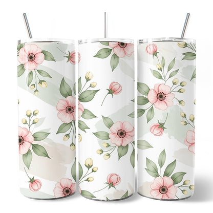 Soft Pink Wildflower 20oz Personalized Tumbler With Lid and Stainless Steel Straw, Elegant Floral Pattern Gift Cup