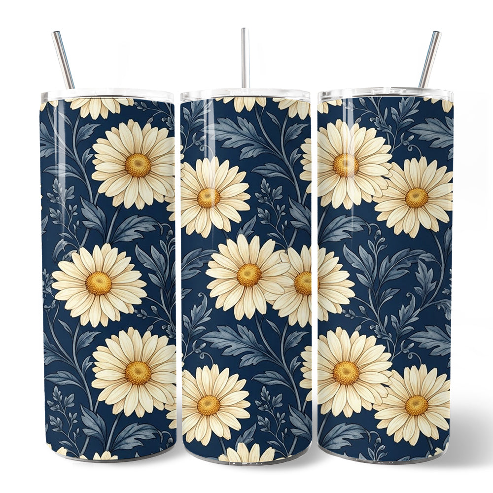 Vintage Daisy Floral Pattern 20oz Personalized Tumbler With Lid and Stainless Steel Straw, Navy Blue Cottage Garden Gift Cup