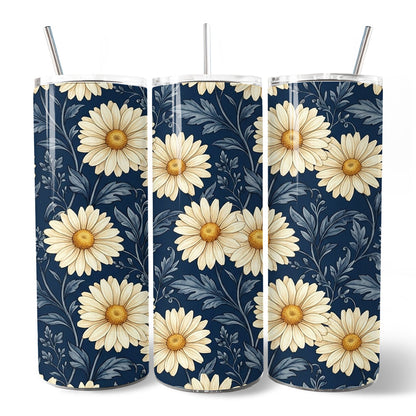 Vintage Daisy Floral Pattern 20oz Personalized Tumbler With Lid and Stainless Steel Straw, Navy Blue Cottage Garden Gift Cup