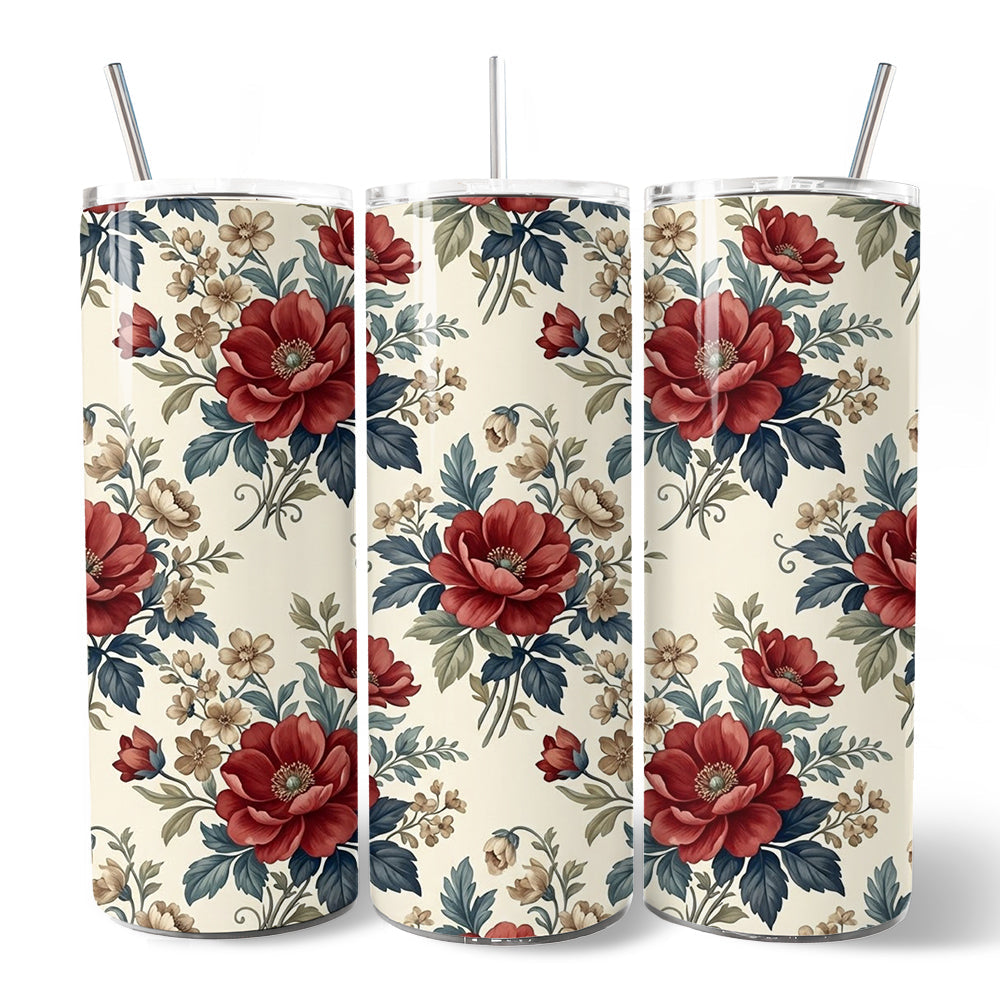 Vintage Red Poppy 20oz Personalized Tumbler With Lid and Stainless Steel Straw, Romantic Floral Pattern Gift Cup