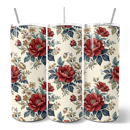 Vintage Red Poppy 20oz Personalized Tumbler With Lid and Stainless Steel Straw, Romantic Floral Pattern Gift Cup
