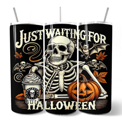 Waiting For Halloween 20oz Personalized Tumbler With Lid and Stainless Steel Straw, Funny Skeleton Gift Cup