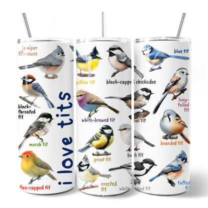 Whimsical Bird Tit 20oz Personalized Tumbler With Lid and Stainless Steel Straw, Funny Birdwatcher Gift Cup