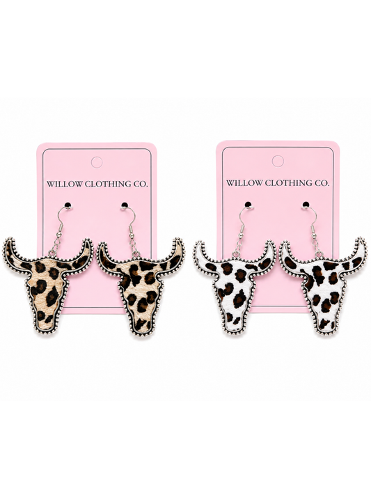 Cow Print Longhorn Drop Earrings