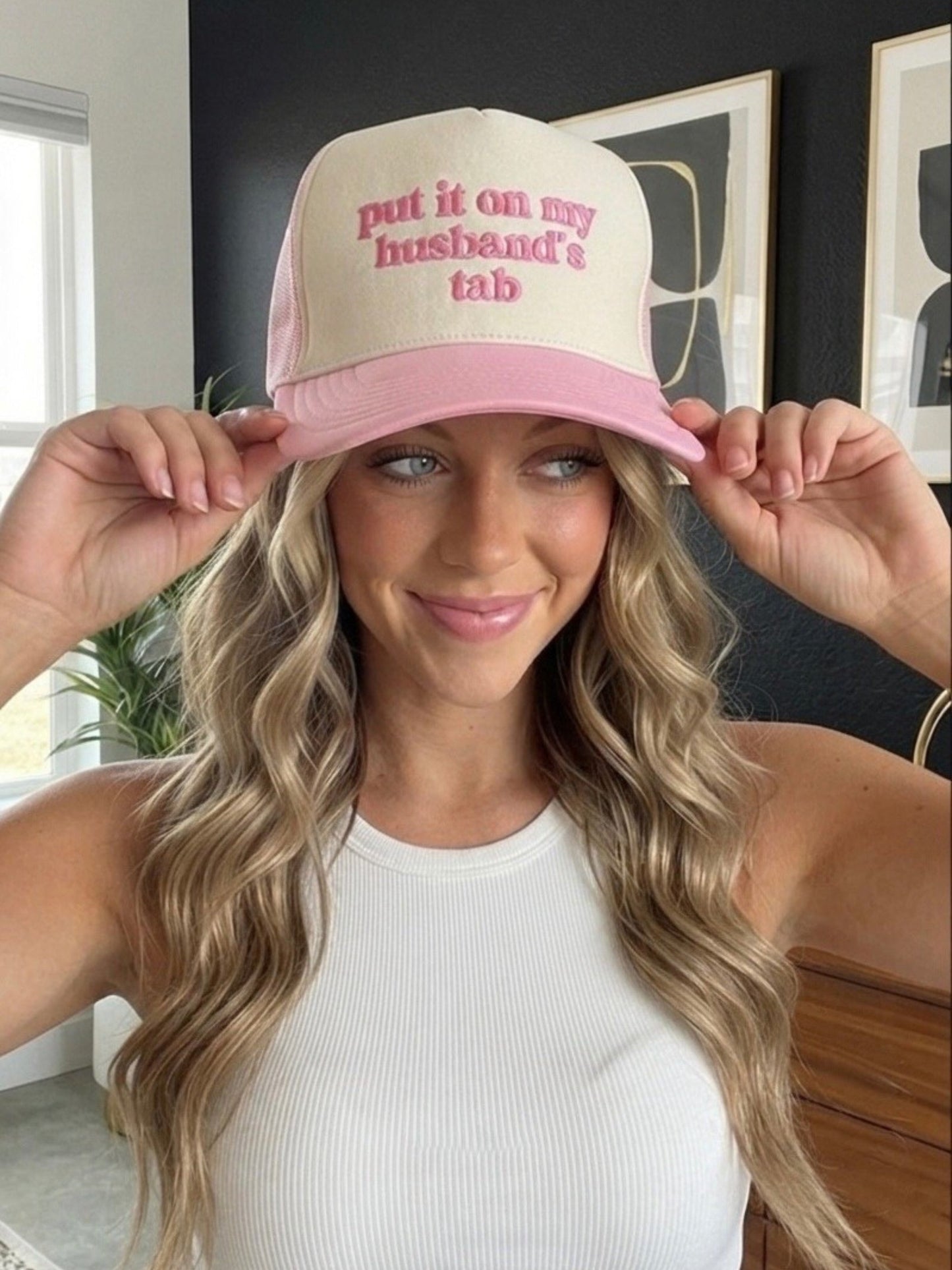 Put It On My Husbands Tab Trucker Hat