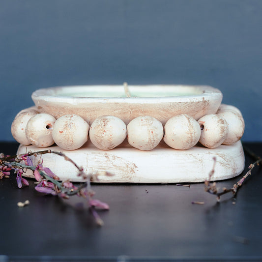 3 Wick Pottery Dough Bowl Soy Candle - With Beads