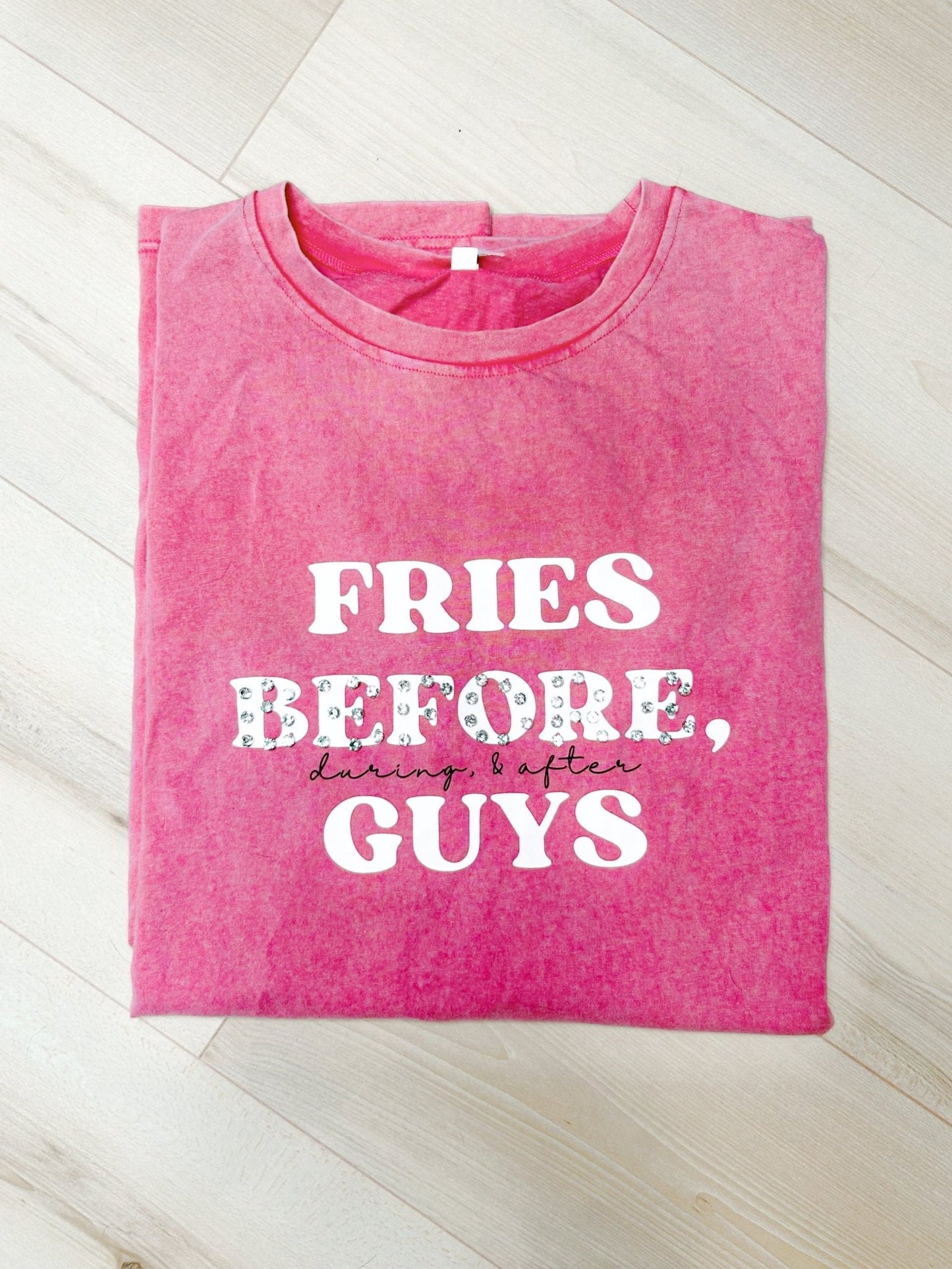 “Fries Before, During, & After Guys” Graphic & Studded Washed Tee - Girl Code Couture