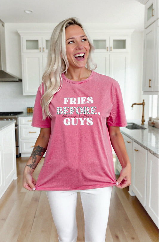 “Fries Before, During, & After Guys” Graphic & Studded Washed Tee - Girl Code Couture