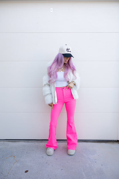 Fiona High Waisted Bell Bottom Flare Jeans - Pink