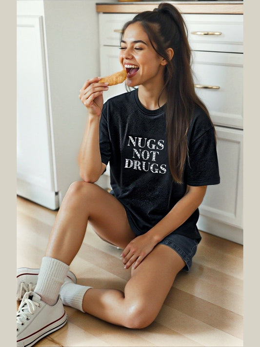 “Nugs Not Drugs” Graphic & Studded Washed Tee - Girl Code Couture