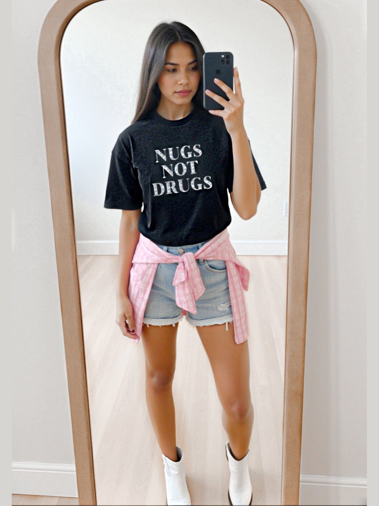 “Nugs Not Drugs” Graphic & Studded Washed Tee - Girl Code Couture