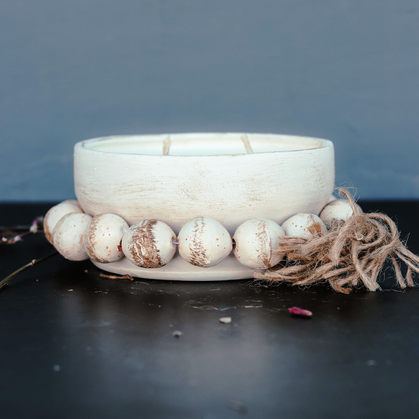 3 Wick Handmade Beaded Pottery Soy Candle with Tassel