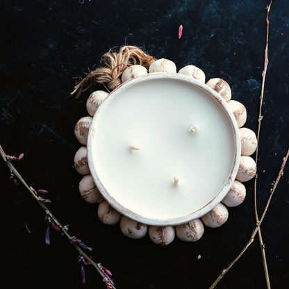 3 Wick Handmade Beaded Pottery Soy Candle with Tassel